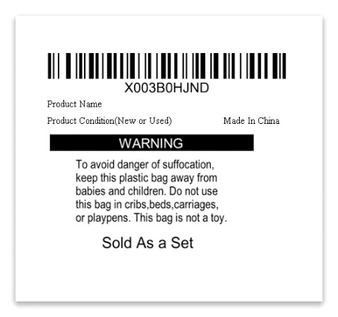 print fnsku & suffocation warning & sold as