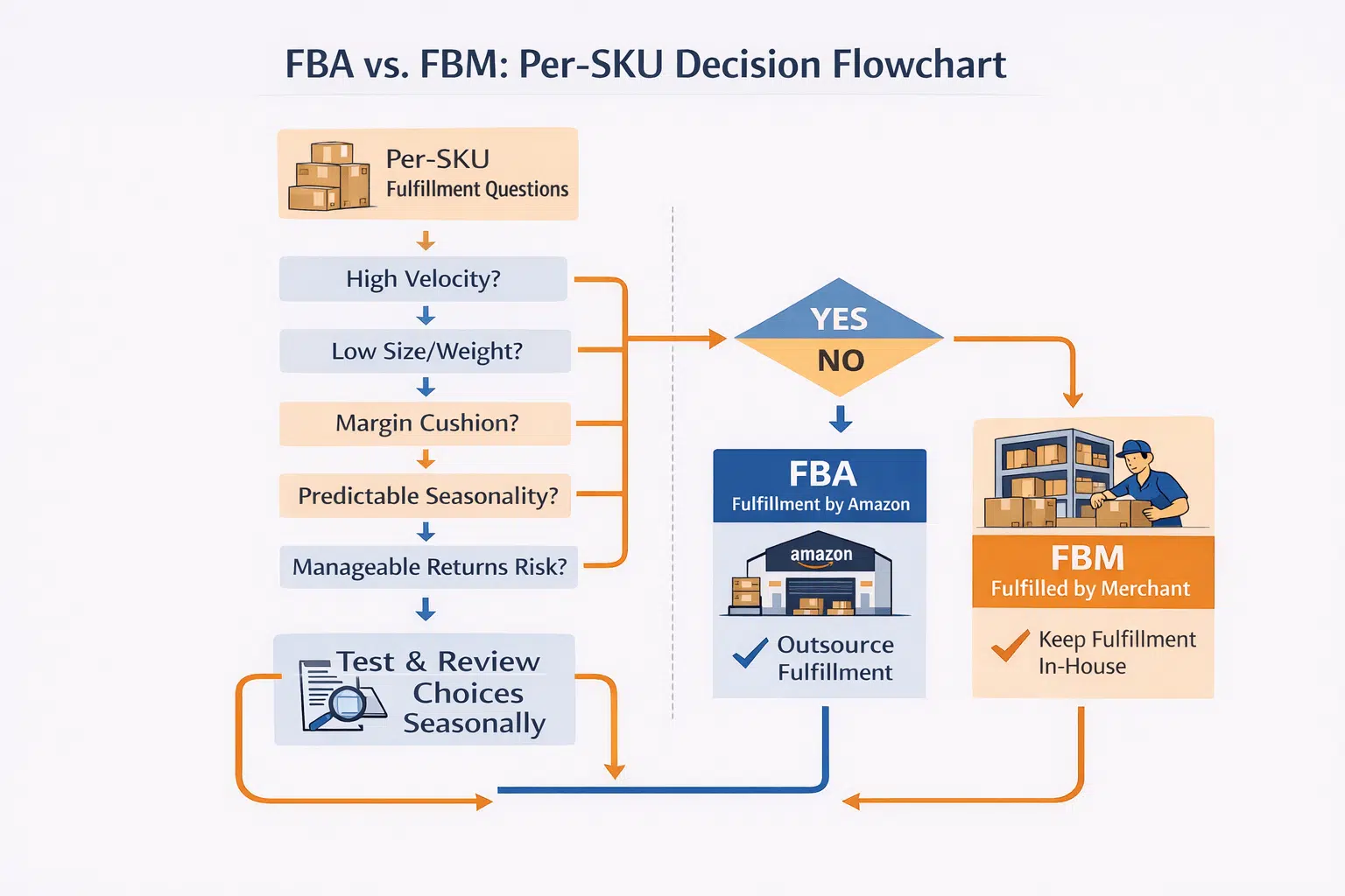 A decision flowchart for per-SKU choice Velocity + SizeWeight + Margin + Seasonality + Returns → choose FBAFBM; include “test and review” loop.
