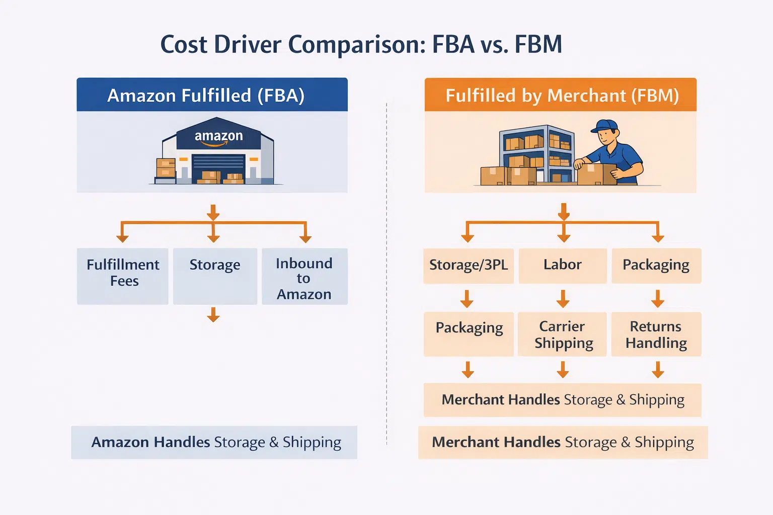 A simple “cost driver map” diagram showing FBA drivers vs FBM drivers (no numbers).
