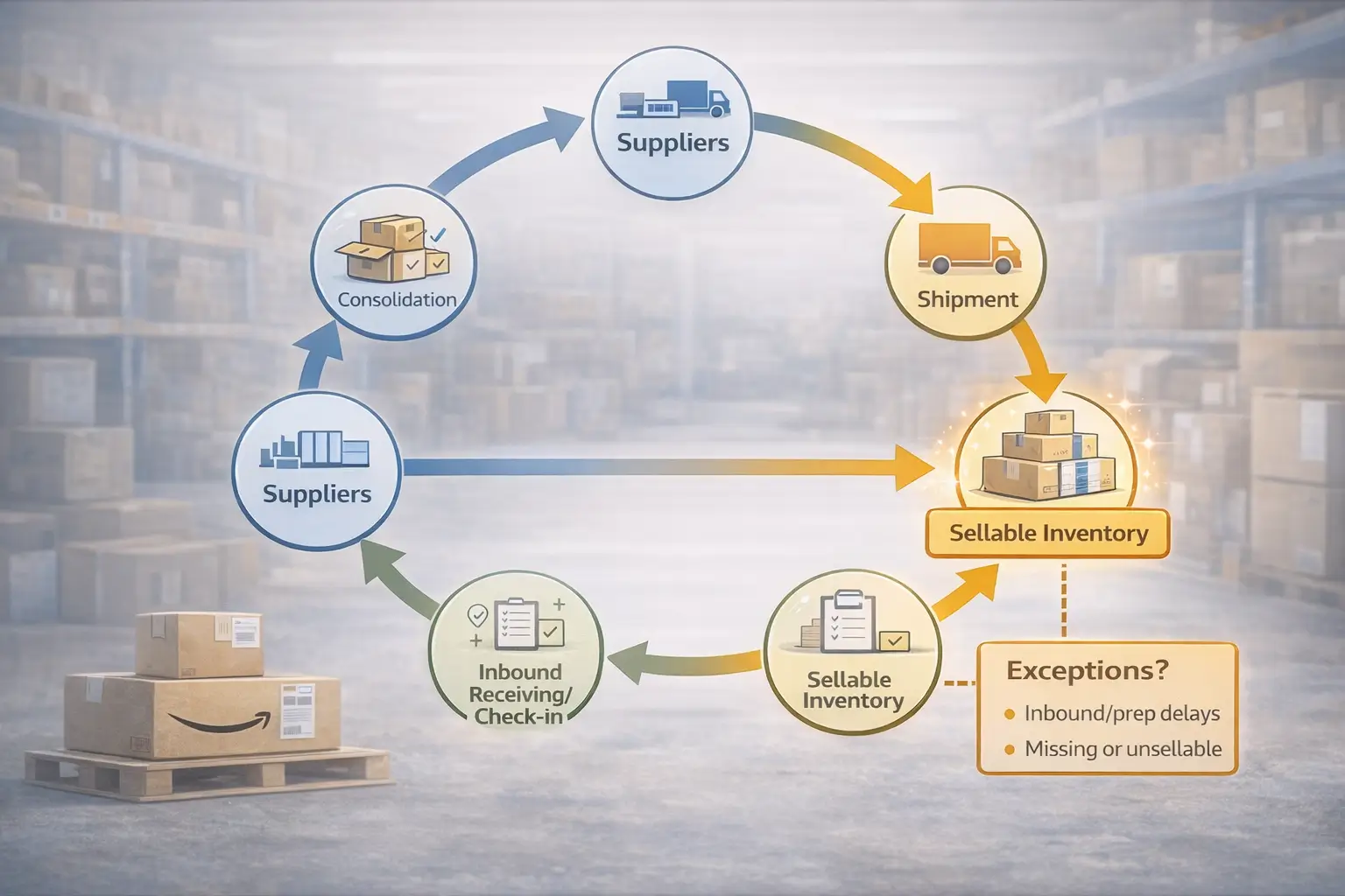 Diagram of an FBA replenishment loop from suppliers to sellable inventory and reorder trigger