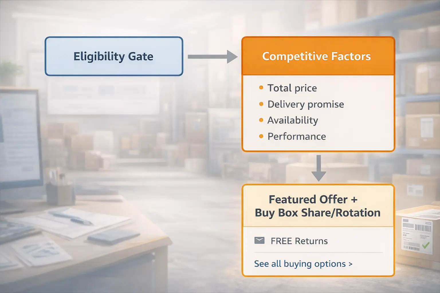 Flow diagram showing Eligibility Gate → Competitive Factors (price, delivery promise, availability, performance) → Featured Offer placement and Buy Box sharerotation