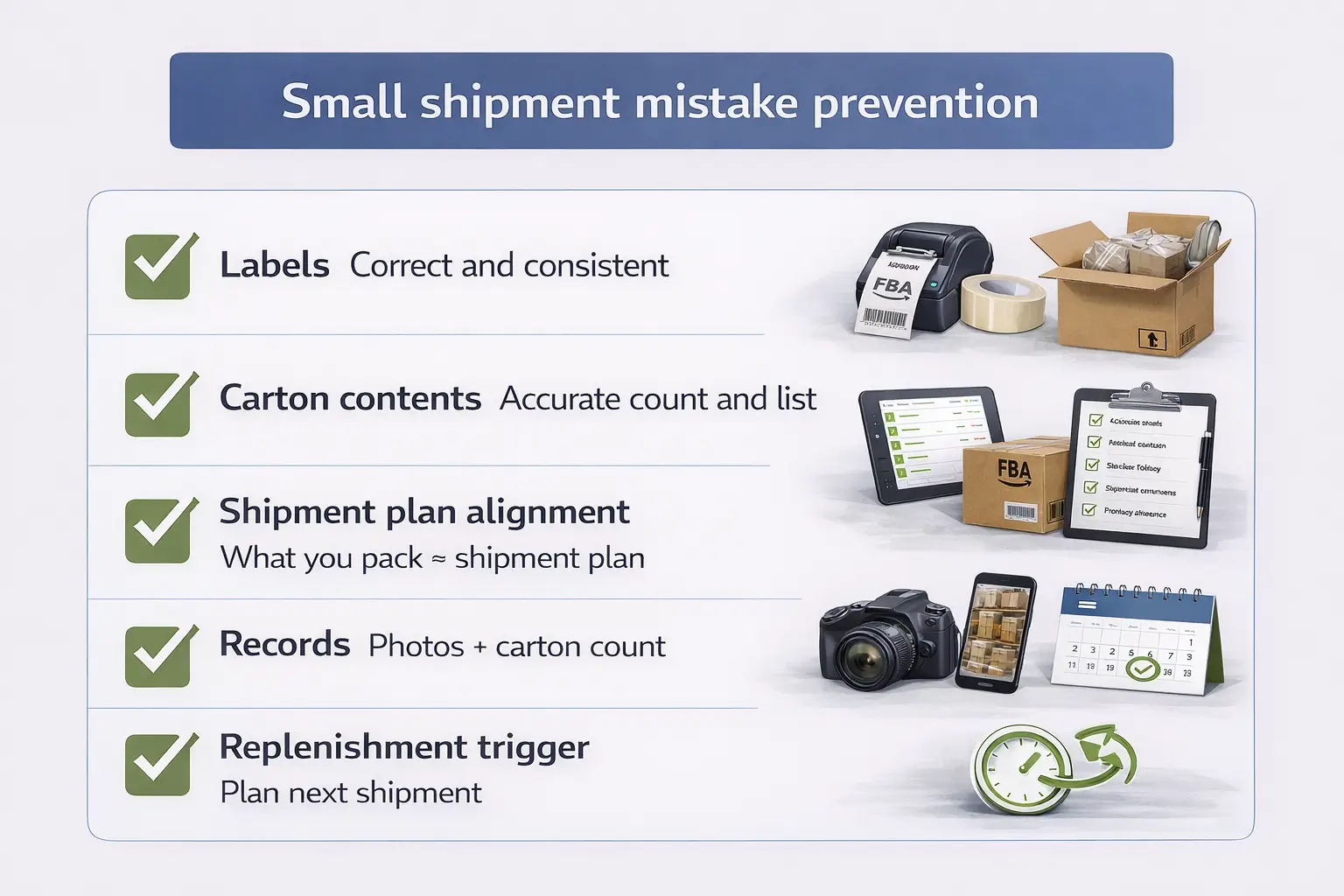 A checklist graphic titled “Small shipment mistake prevention” with items: labels, carton contents, shipment plan alignment, records, replenishment trigger