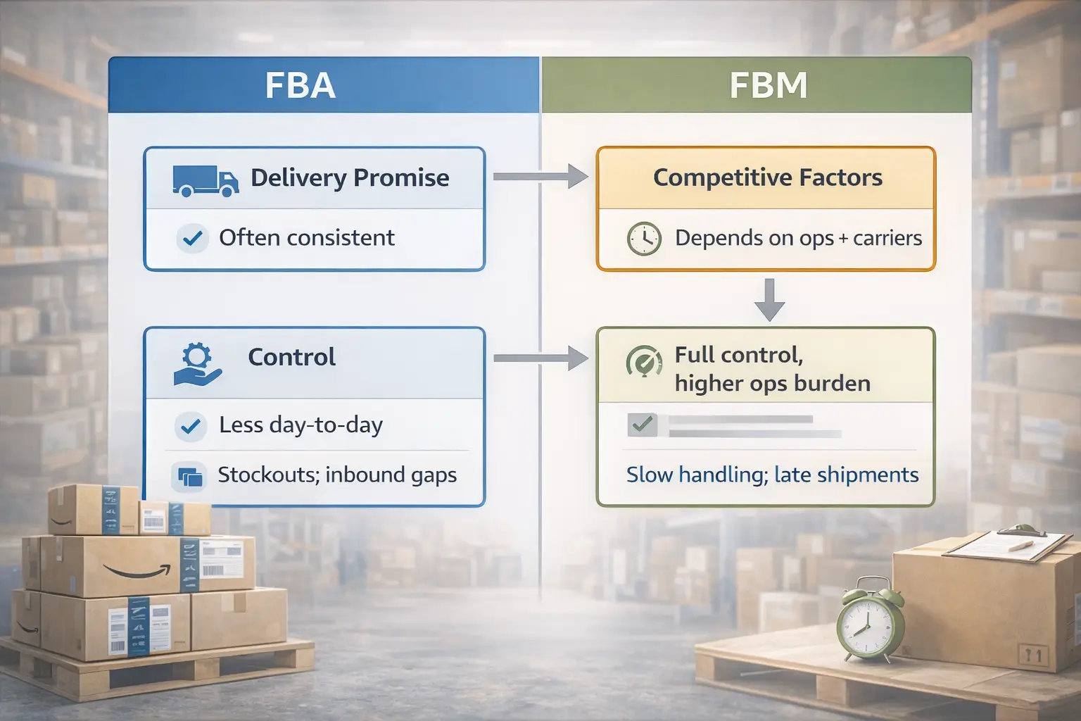 Visual comparison of FBA vs FBM focusing on delivery promise, operational control, and common failure modes