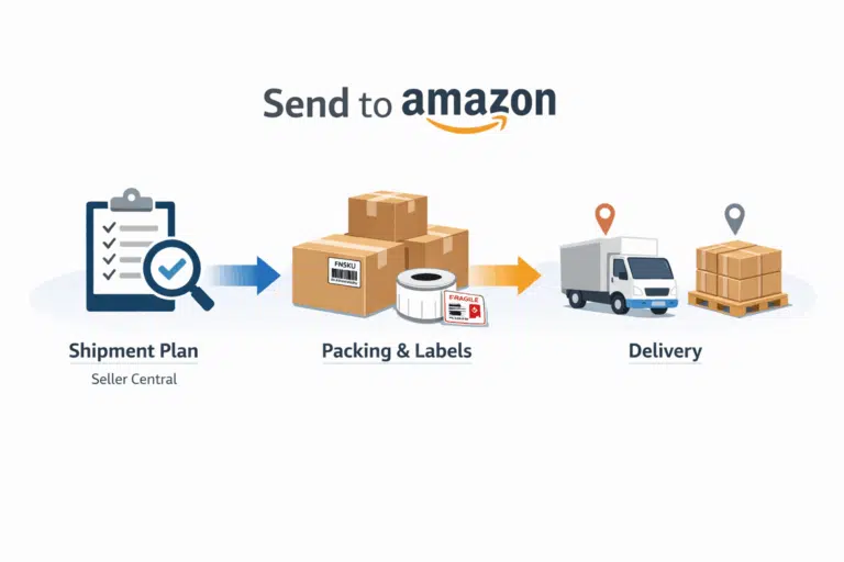 Seller Central “Send to Amazon” workflow concept with cartons, labels, and a simple step-by-step flow diagram