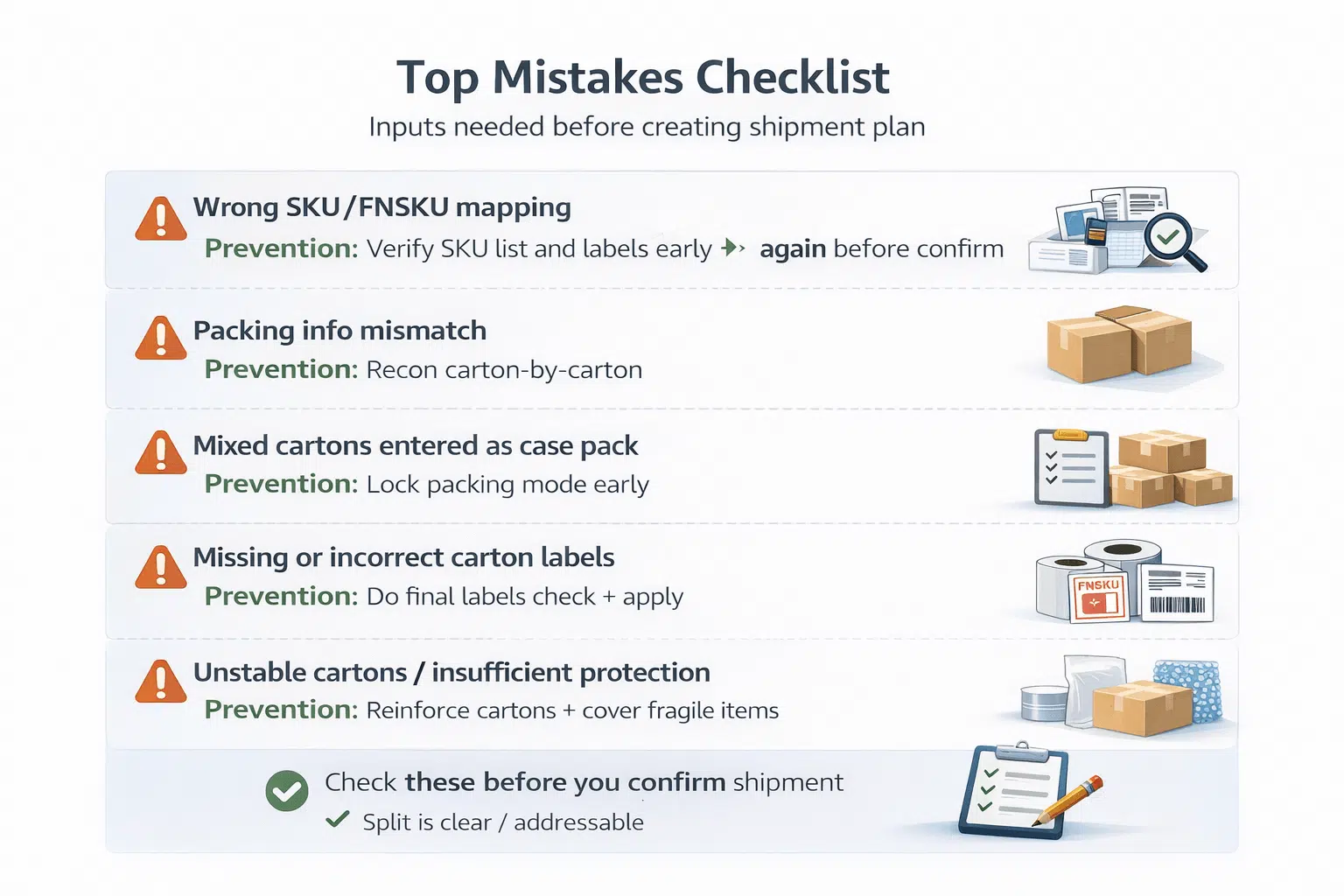 Illustration showing correct vs incorrect label placement and box content matching (mistake → consequence → prevention)