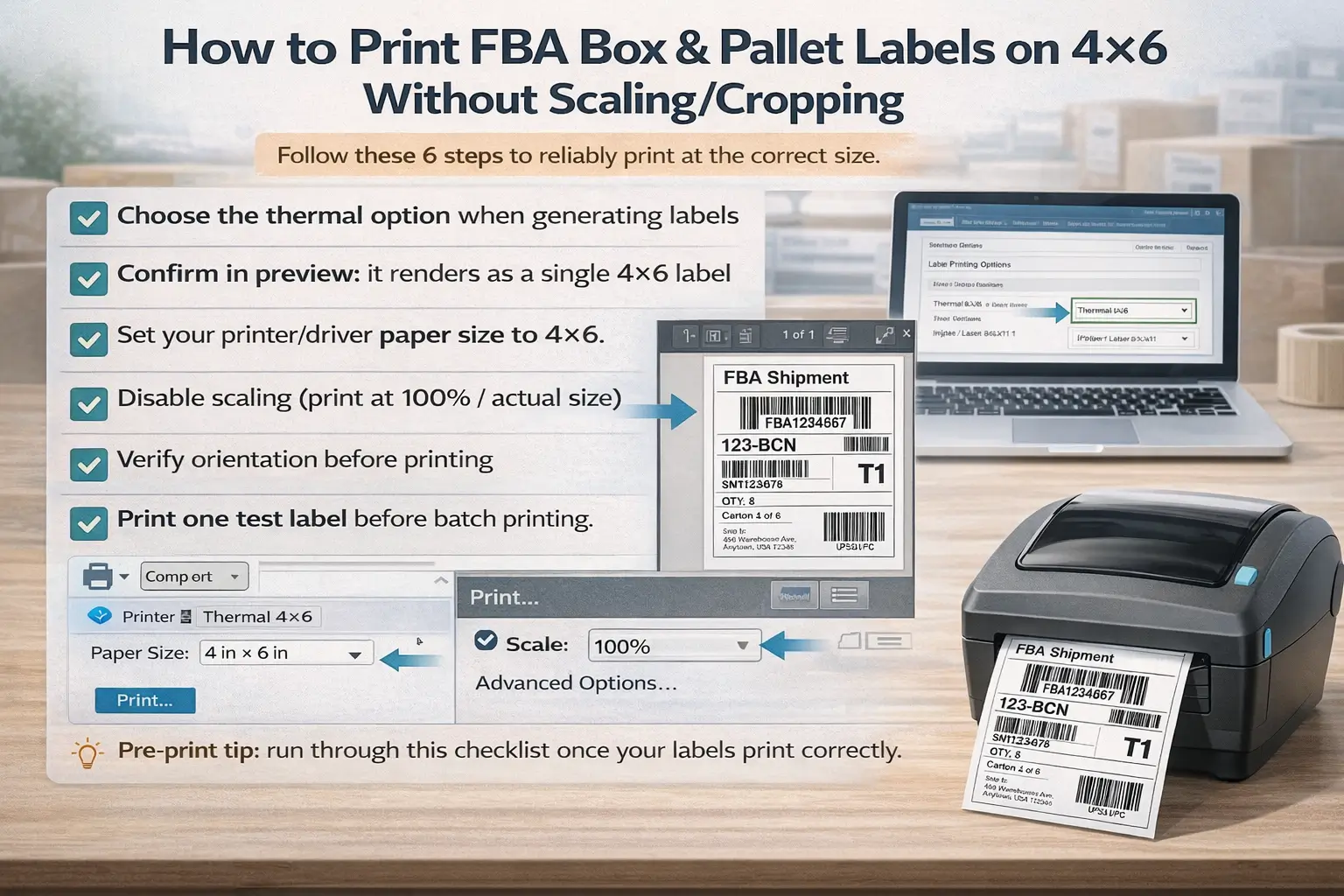 How to print FBA box & pallet labels on 4×6 without scalingcropping