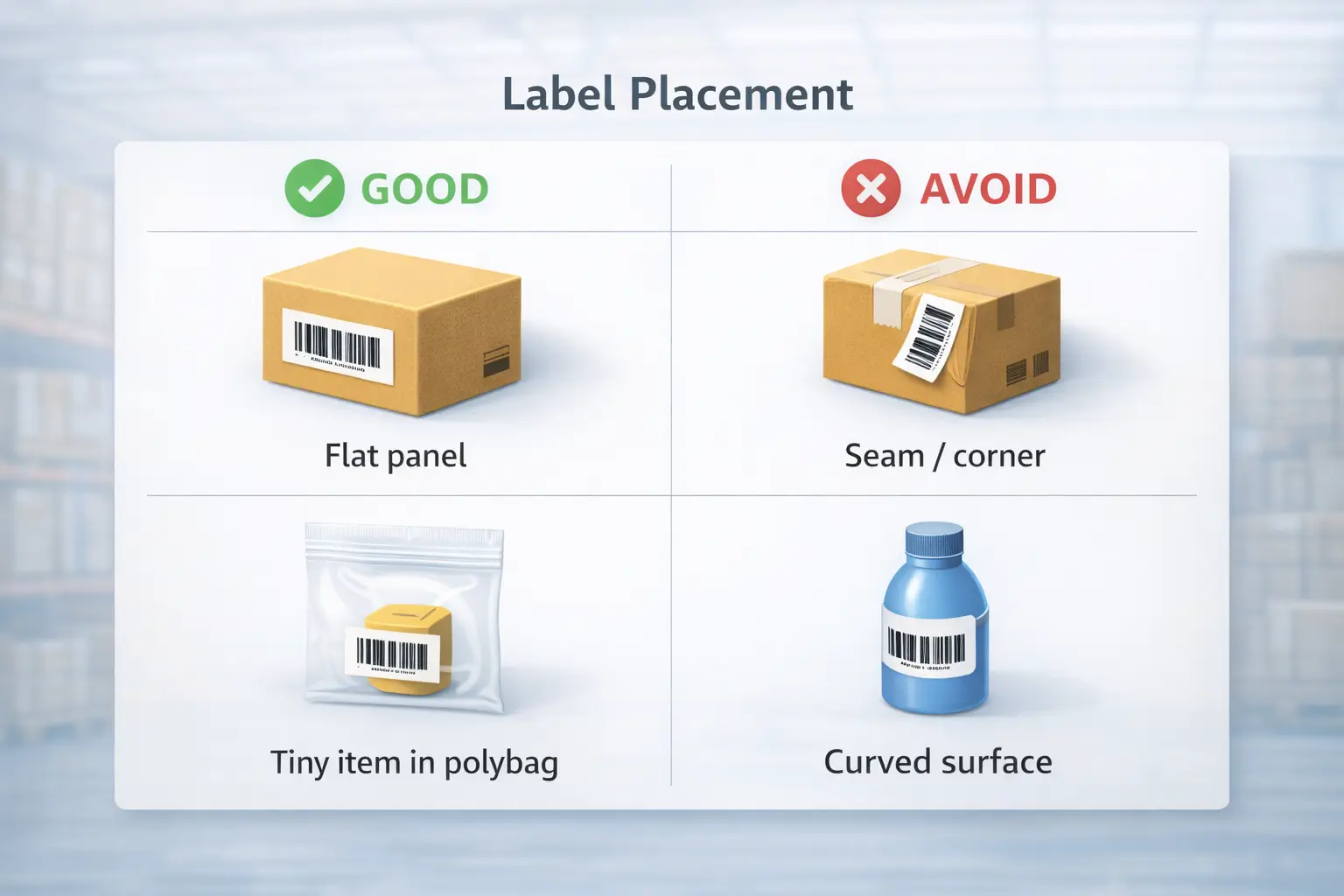 Diagram of good vs bad label placement: flat panel placement vs seam/corner vs curved surface, plus an example of labeling a polybag as the outer surface.