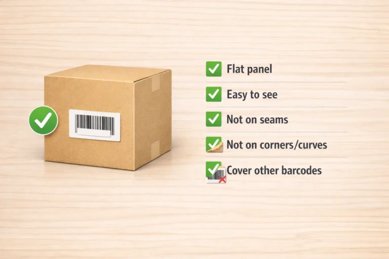 Checklist-style graphic showing where to place an Amazon FNSKU label: flat, visible, not on seams/corners/curves