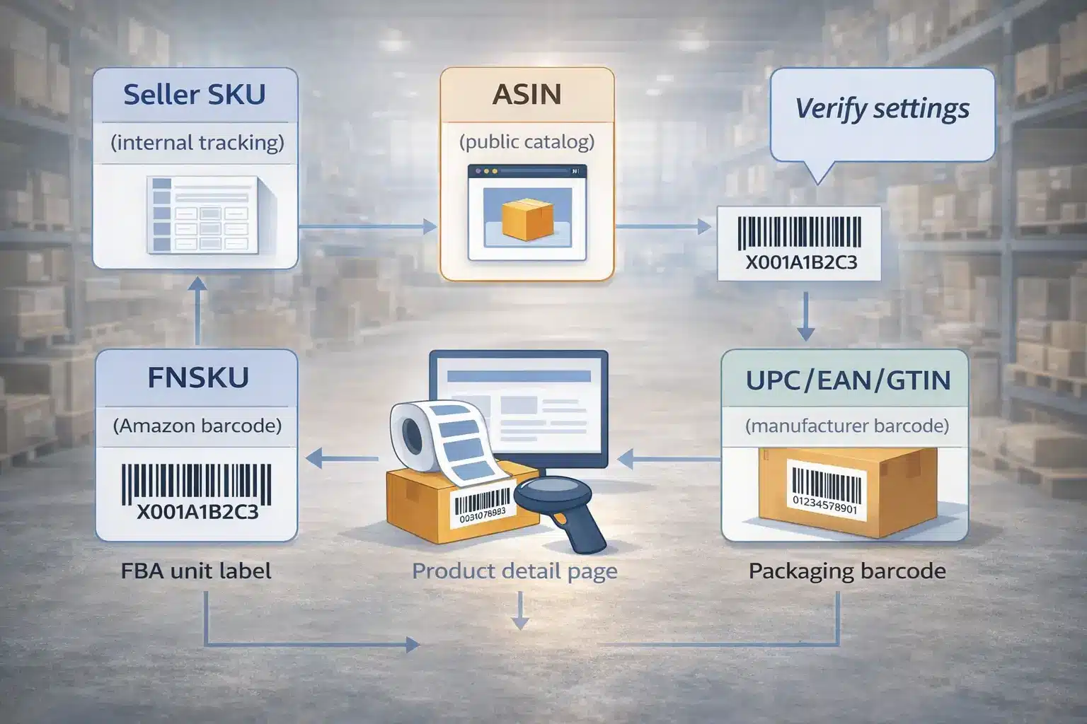 Identifier map showing how Seller SKU, ASIN, FNSKU, and UPC/EAN/GTIN relate to listing, labeling, and FBA receiving
