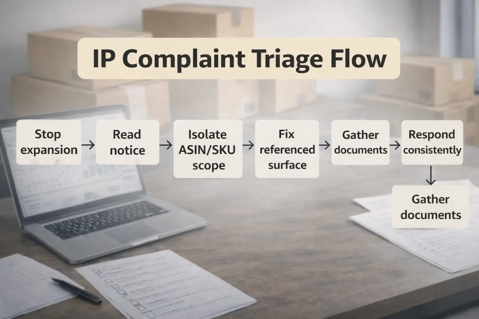 Simple triage flow diagram showing stop, verify notice, isolate ASIN/SKU scope, fix content or packaging, collect documents, respond through Amazon