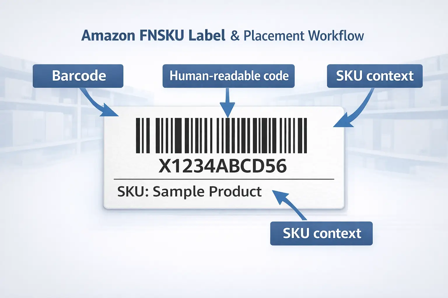 Annotated FNSKU label example showing barcode, human-readable code, and SKU context