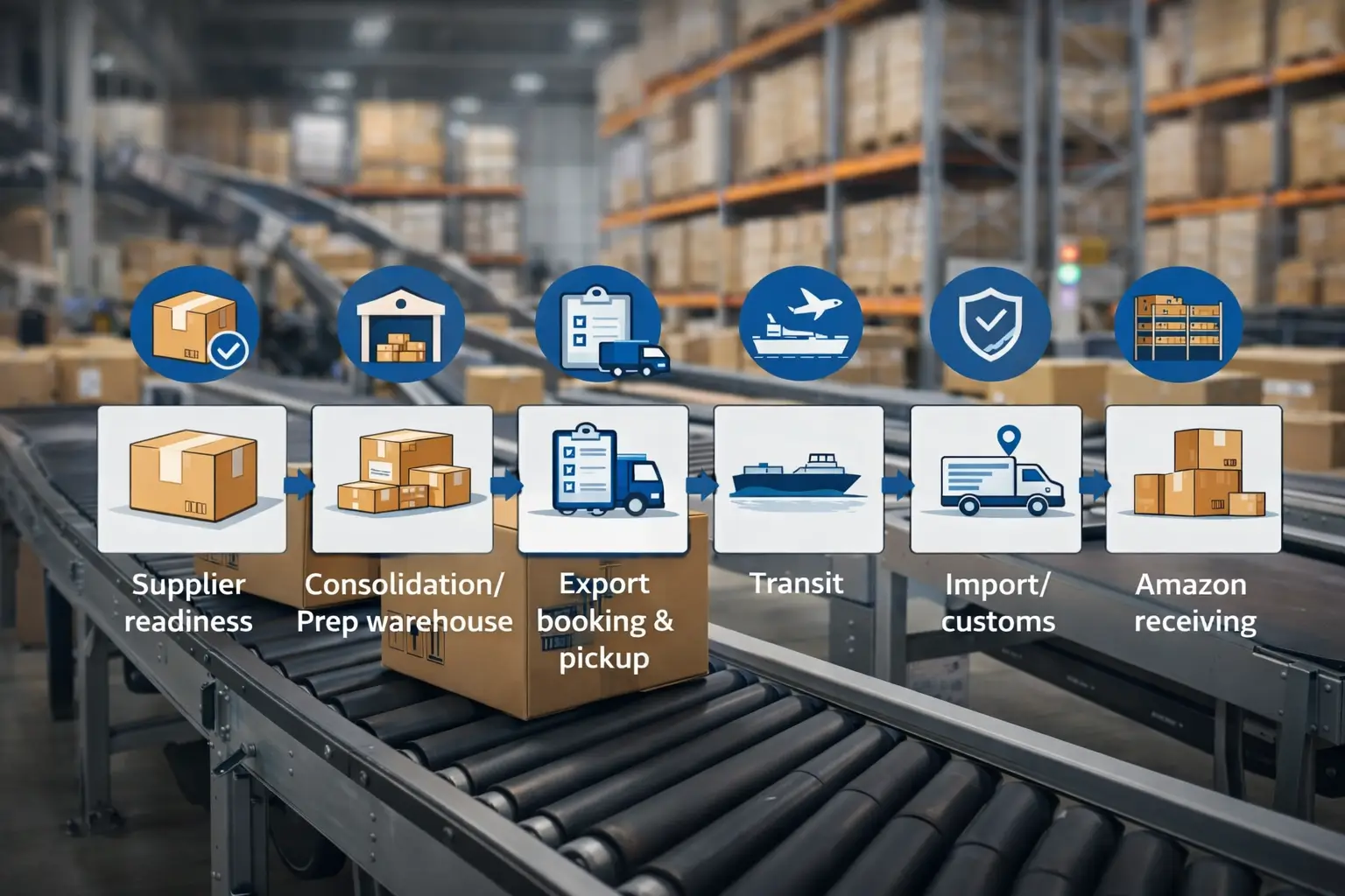 lowchart-style diagram showing China supplier → consolidation/prep → export → import/customs → delivery → Amazon receiving