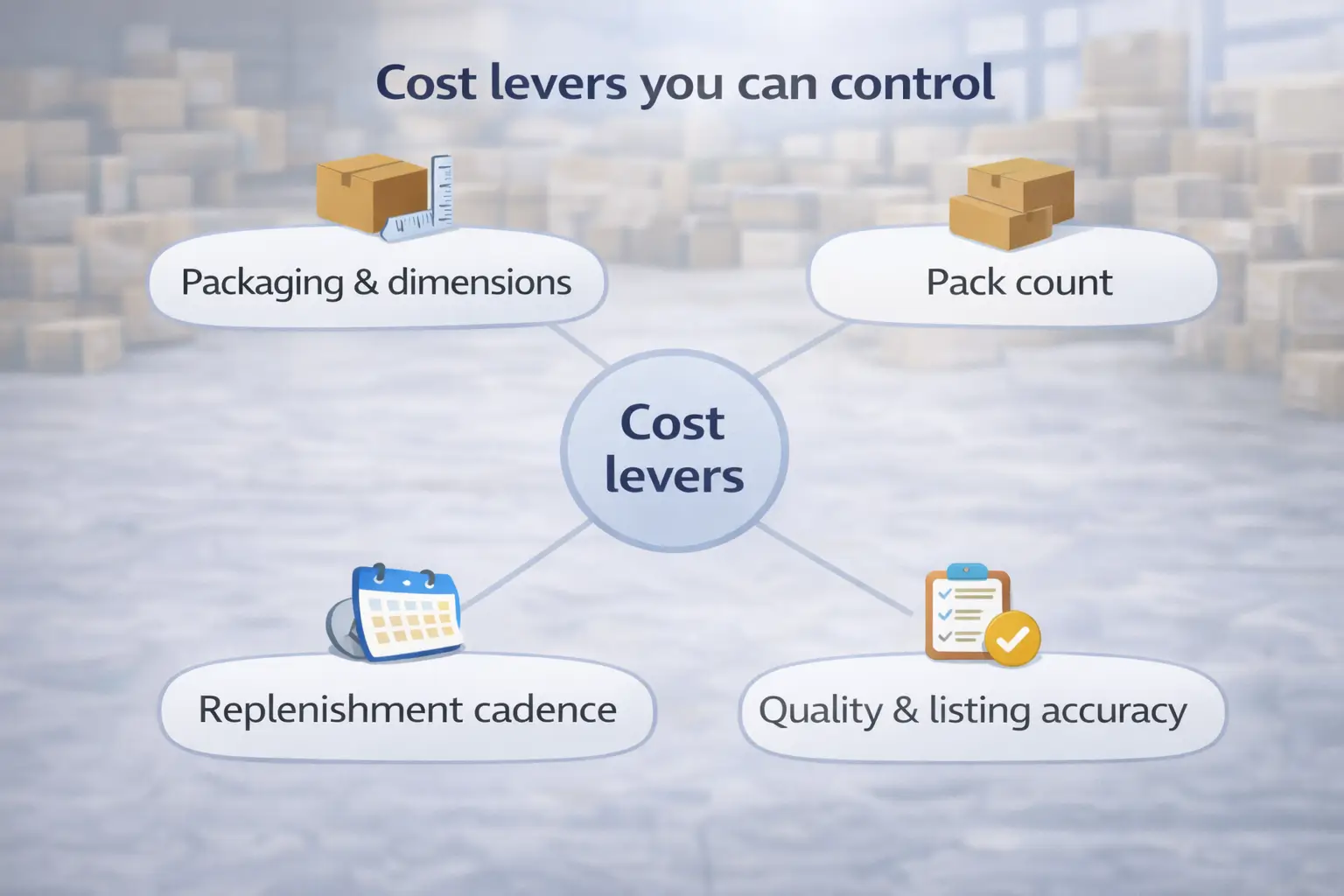imple diagram of controllable cost levers: packaging/dimensions, pack count, replenishment cadence, and quality/listing accuracy.
