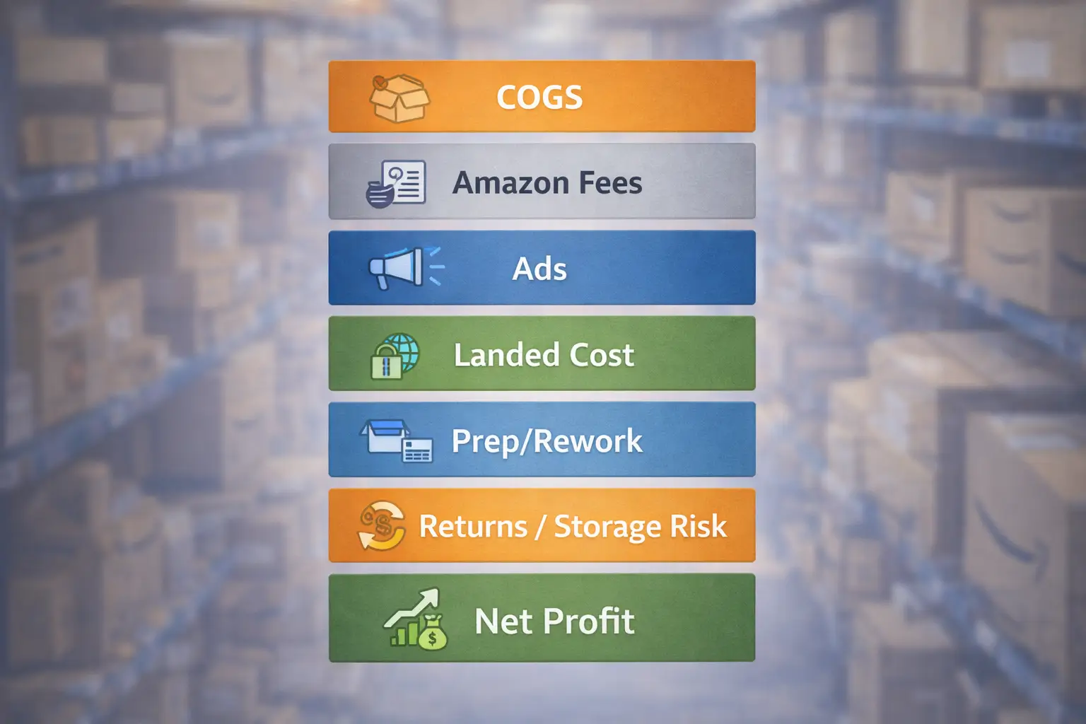 Layered cost stack graphic: COGS → Amazon fees → ads → landed cost → prep/rework → returns/storage risk → net profit