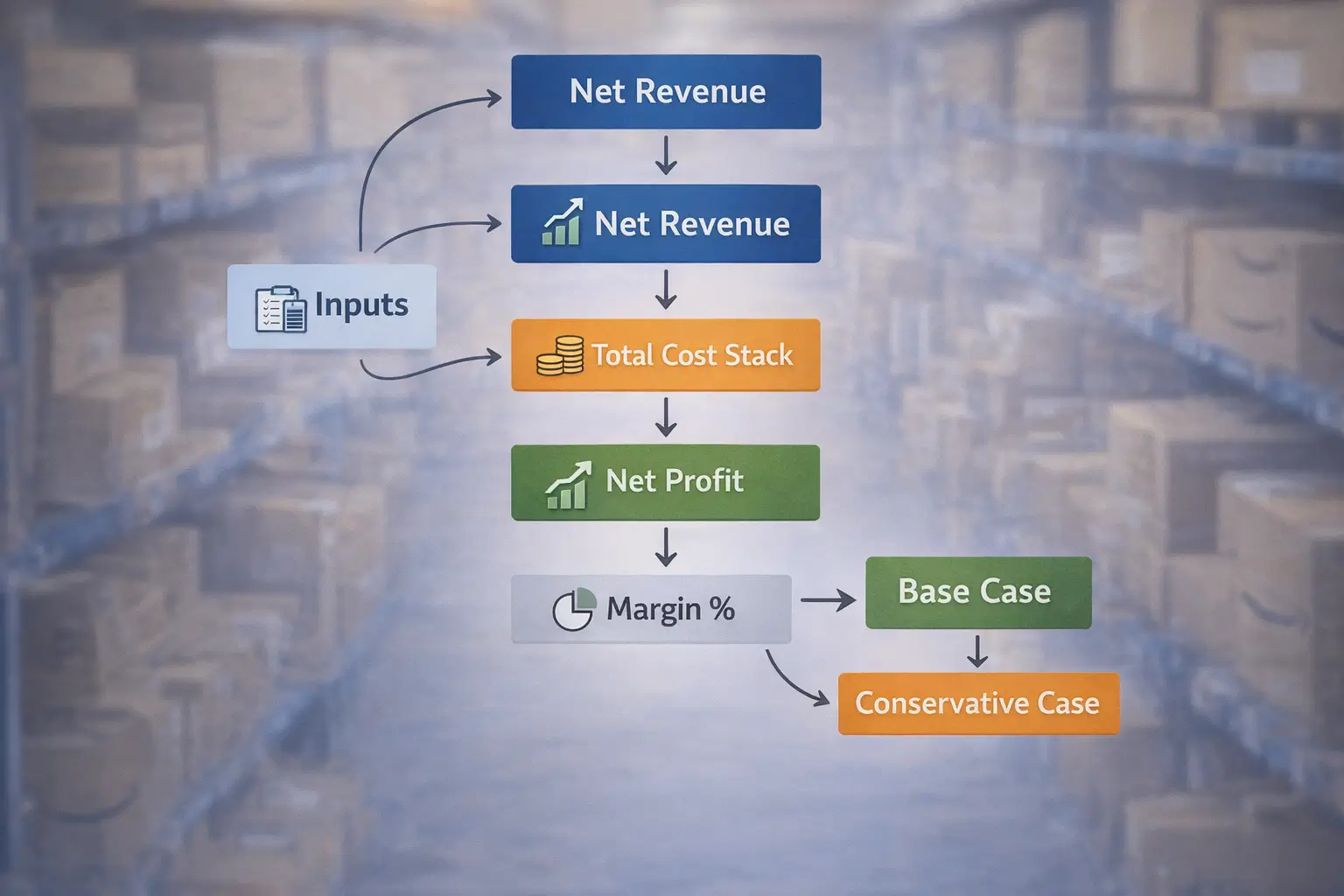 Flowchart showing inputs → net revenue → total cost stack → net profit → margin %, with “base case vs conservative case” branch