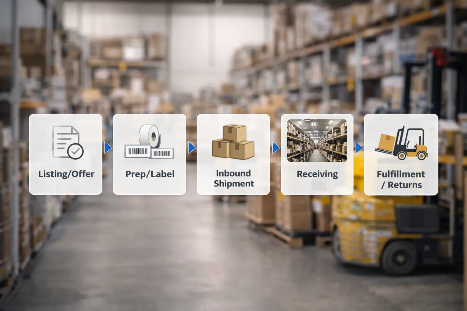 Flow diagram showing listing/offer to prep/label to inbound shipment to receiving to fulfillment