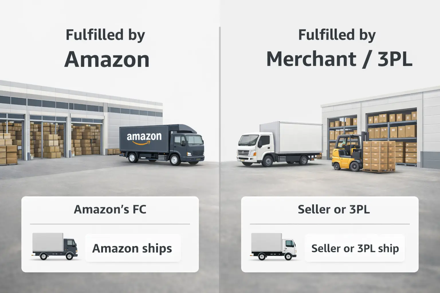 Side-by-side visual showing FBA fulfilled from Amazon FC vs FBM fulfilled by merchant/3PL