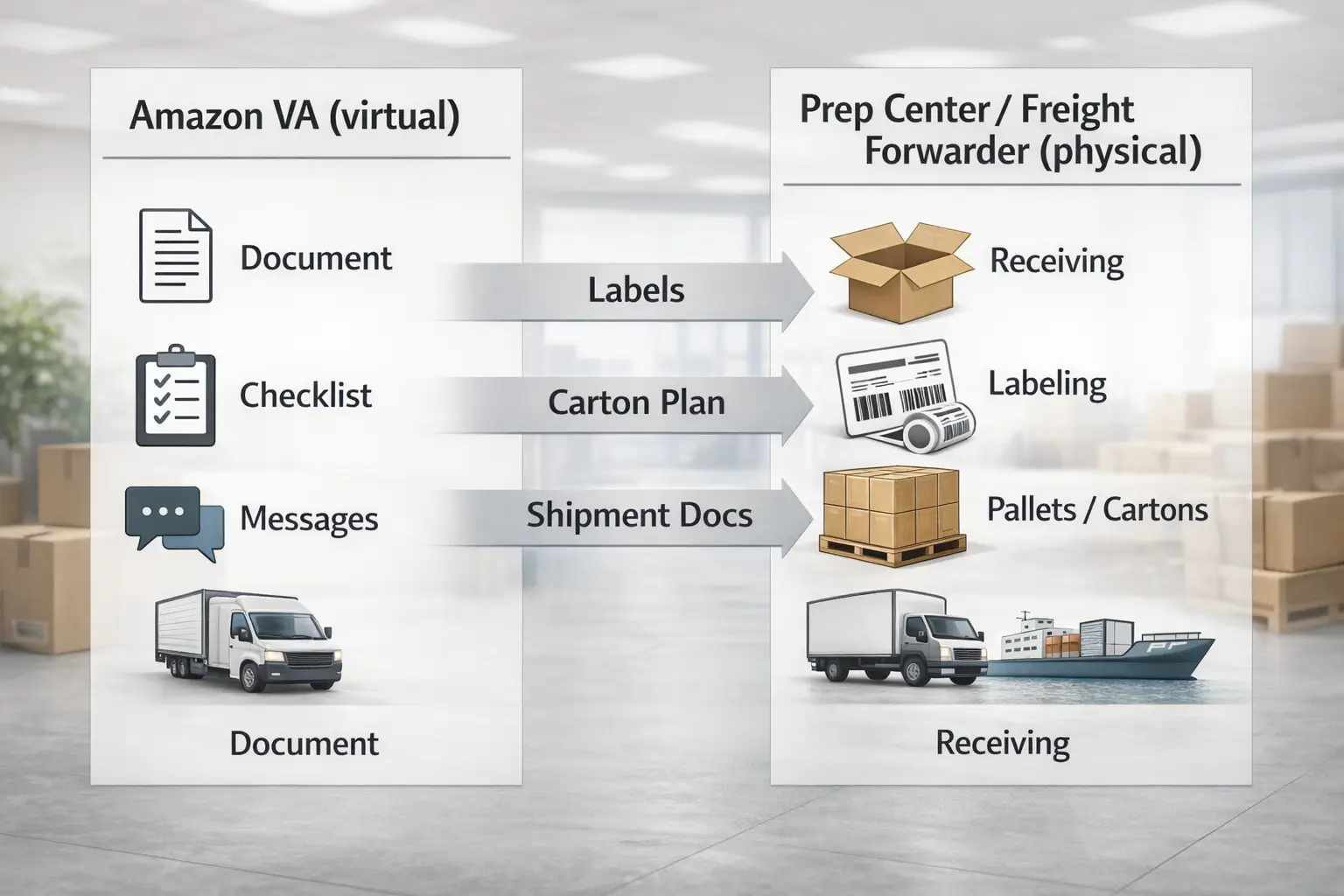 Simple flow diagram showing VA coordination on the left and physical execution by prep center/forwarder on the right, with labeled handoff points for labels, carton plans, and shipment documents"