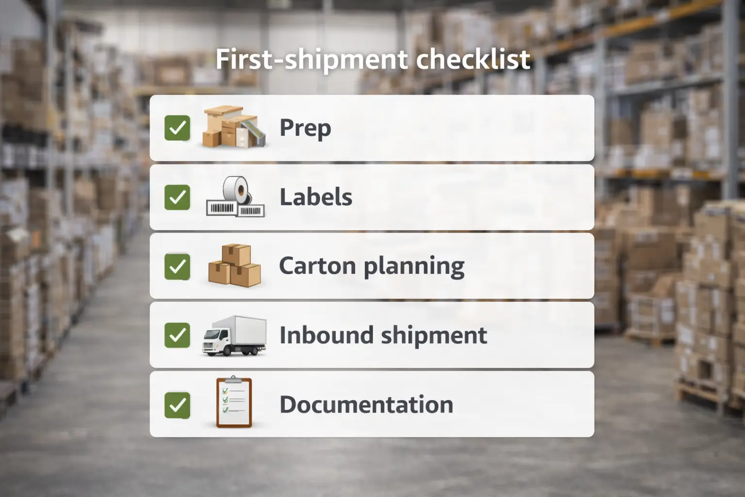 First-shipment checklist visual showing prep, labels, carton plan, inbound shipment, documentation