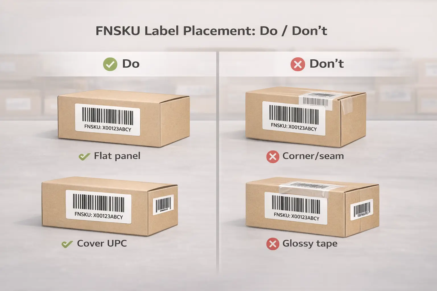 Placement diagram: do/don’t examples for FNSKU label placement and covering other barcodes