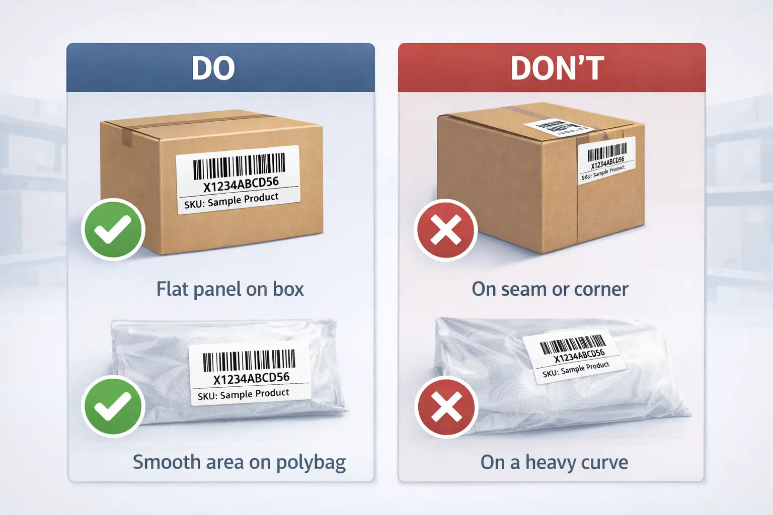 Placement do/don’t examples on a box and polybag (flat panel vs seam/corner)