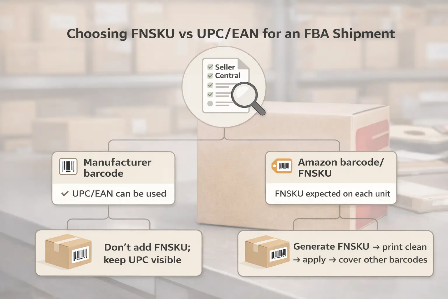 Decision tree diagram: choosing FNSKU vs UPC/EAN for an FBA shipment
