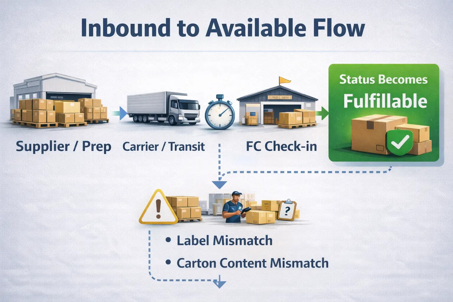 Inbound to Available flow showing status changes from inbound → receiving → fulfillable