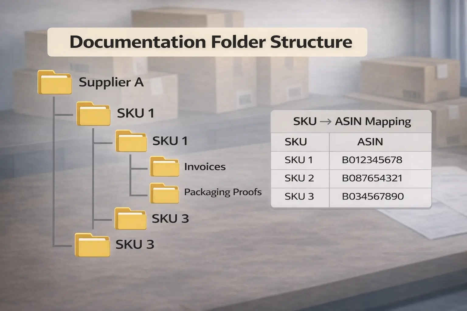 Example documentation folder structure by supplier, SKU, and ASIN with a simple SKU-to-ASIN mapping sheet