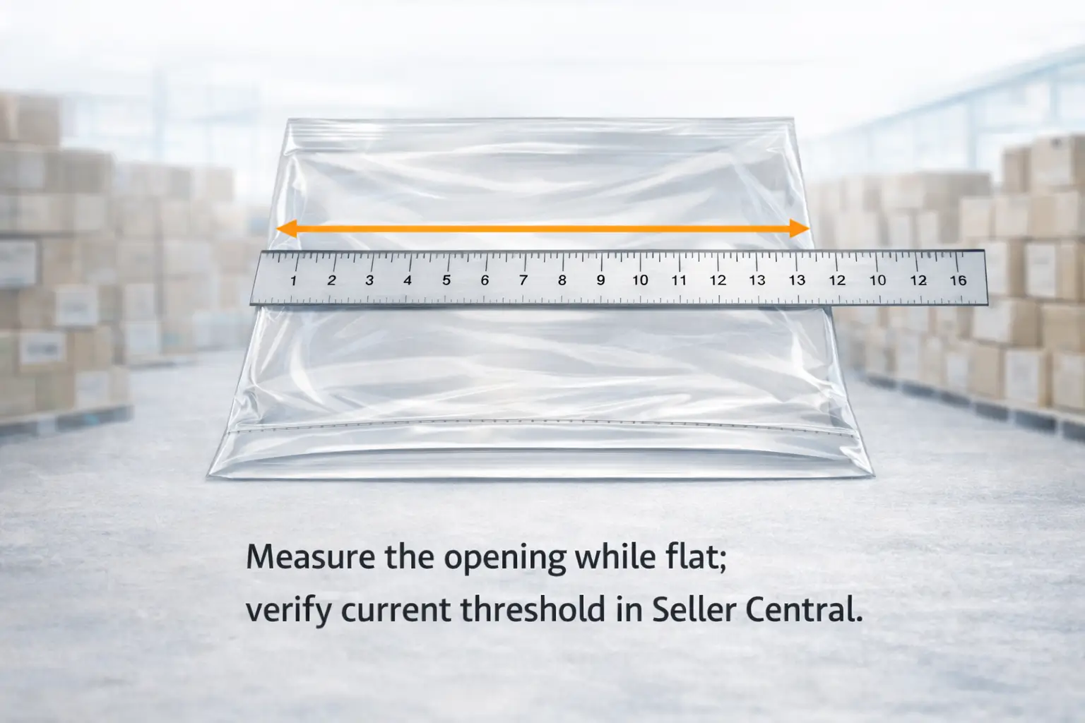 Diagram showing how to measure a poly bag opening while the bag is laid flat.