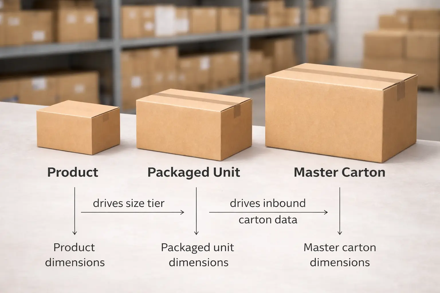 Diagram comparing product dimensions vs packaged unit dimensions vs master carton dimensions, with arrows showing which drives size tier vs inbound logistics