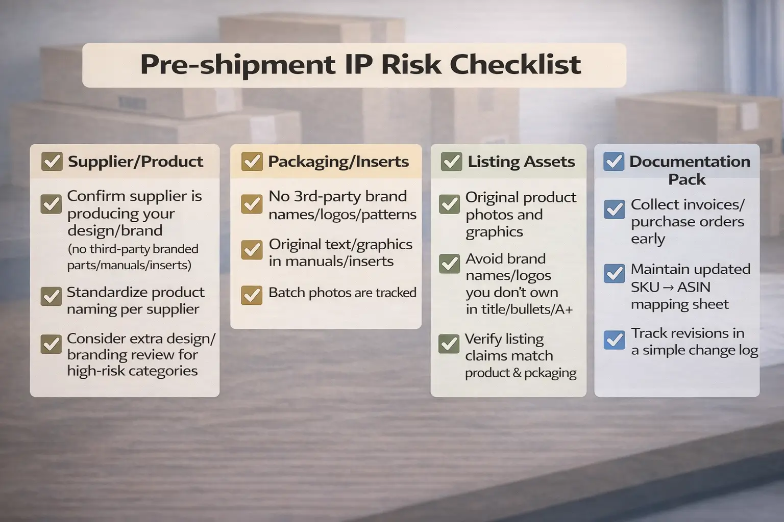 Pre-shipment IP risk checklist grouped by supplier checks, packaging/inserts, listing assets, and documentation pack