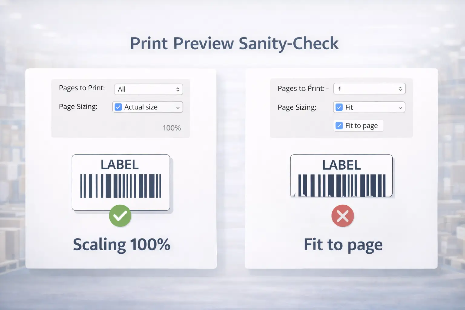 Print preview sanity-check diagram showing “Scaling 100%” vs “Fit to page,” with a cropped barcode example