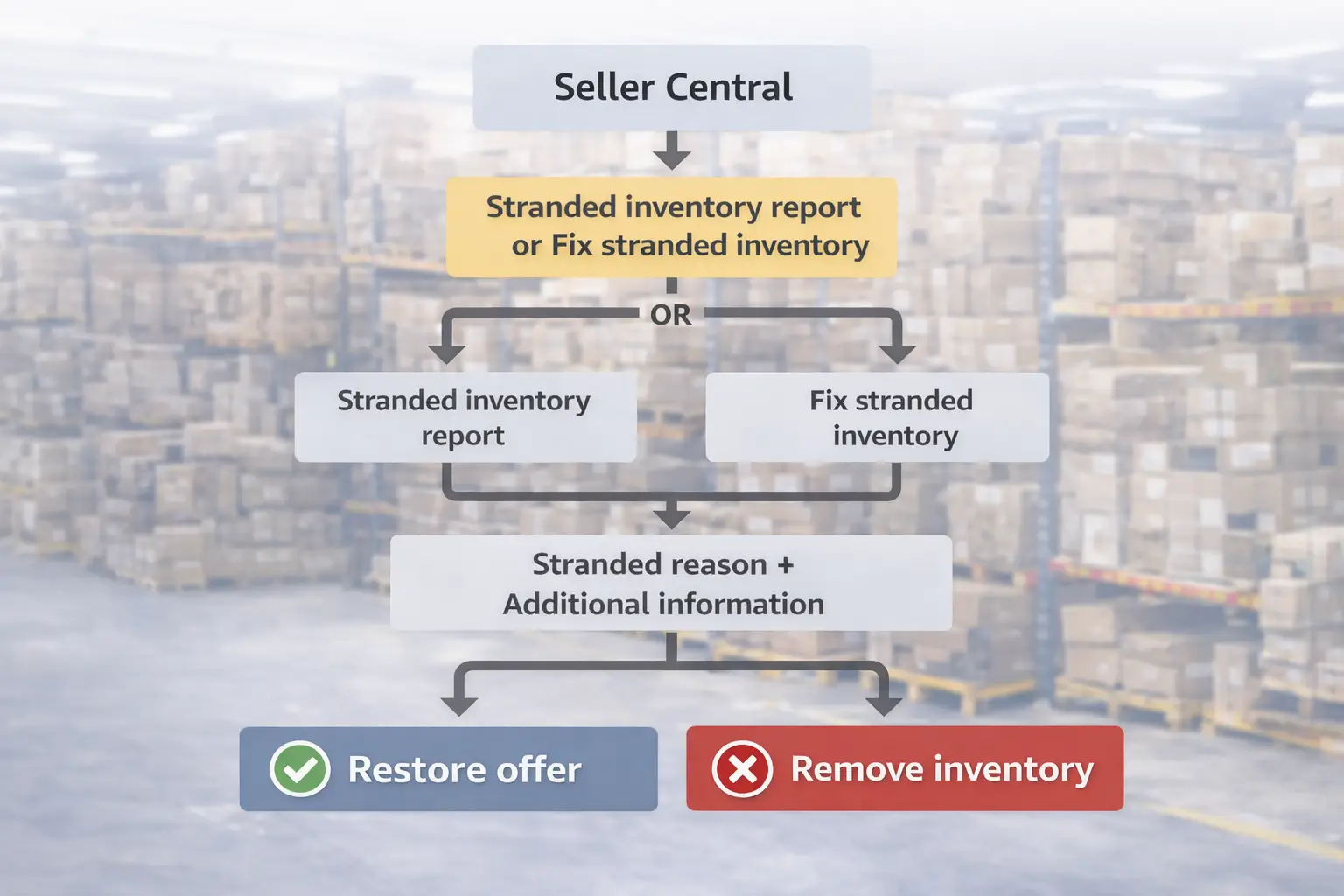 Workflow diagram from Seller Central to stranded report to stranded reason to action