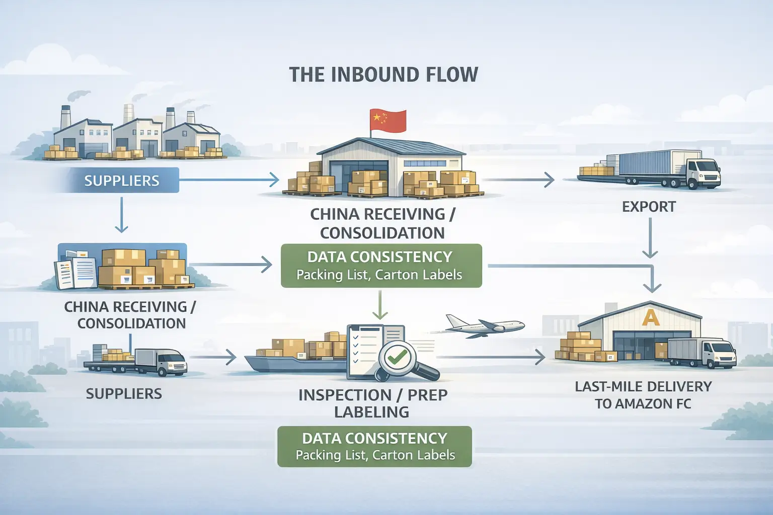 Diagram of inbound flow: suppliers → China receiving/consolidation → inspection/prep/labeling → export → main freight → import clearance → last-mile delivery to Amazon FC.