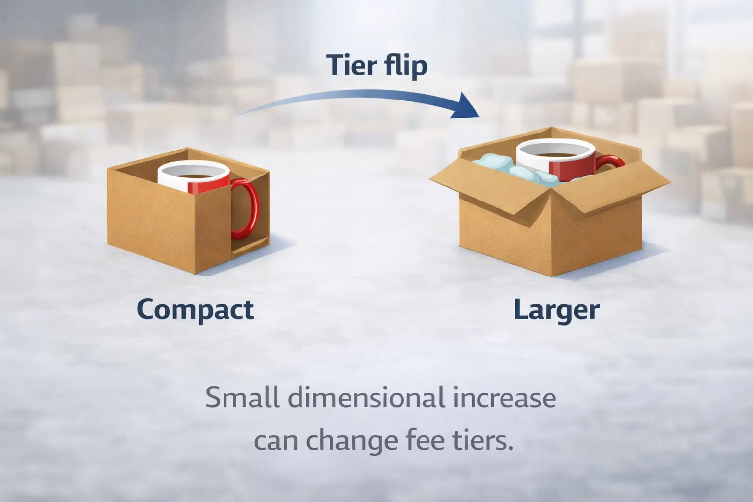 Illustration showing how small packaging changes can push a product into a higher size/weight tier (“tier flip” risk)