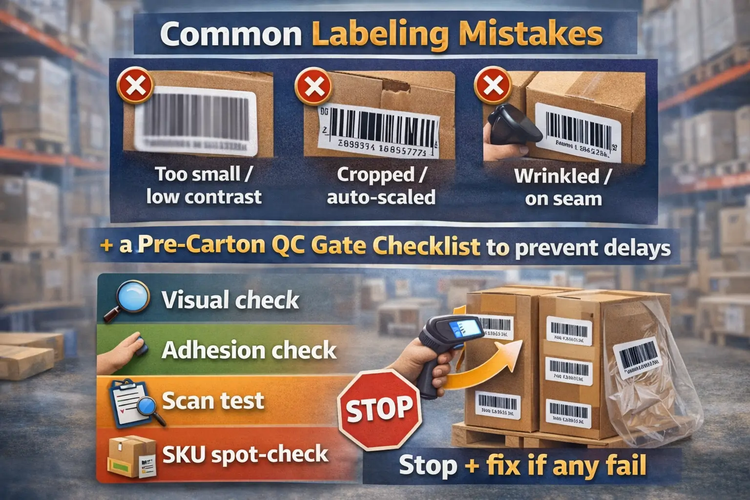 Common labeling mistakes + a pre-carton QC gate checklist to prevent delays