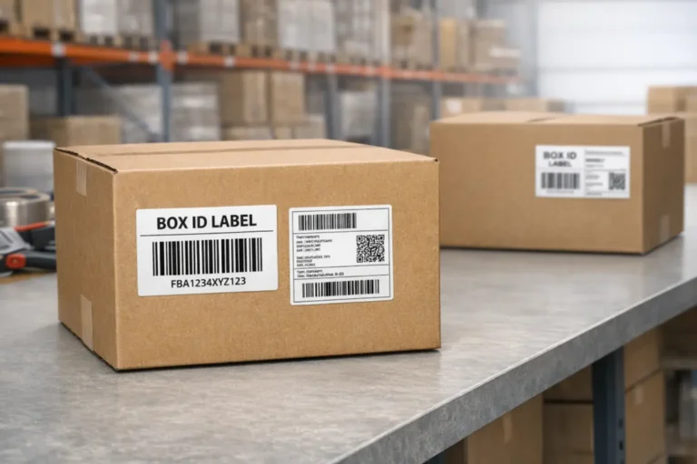 Cartons with clear, flat-applied Box ID and carrier labels (no tape over barcodes)