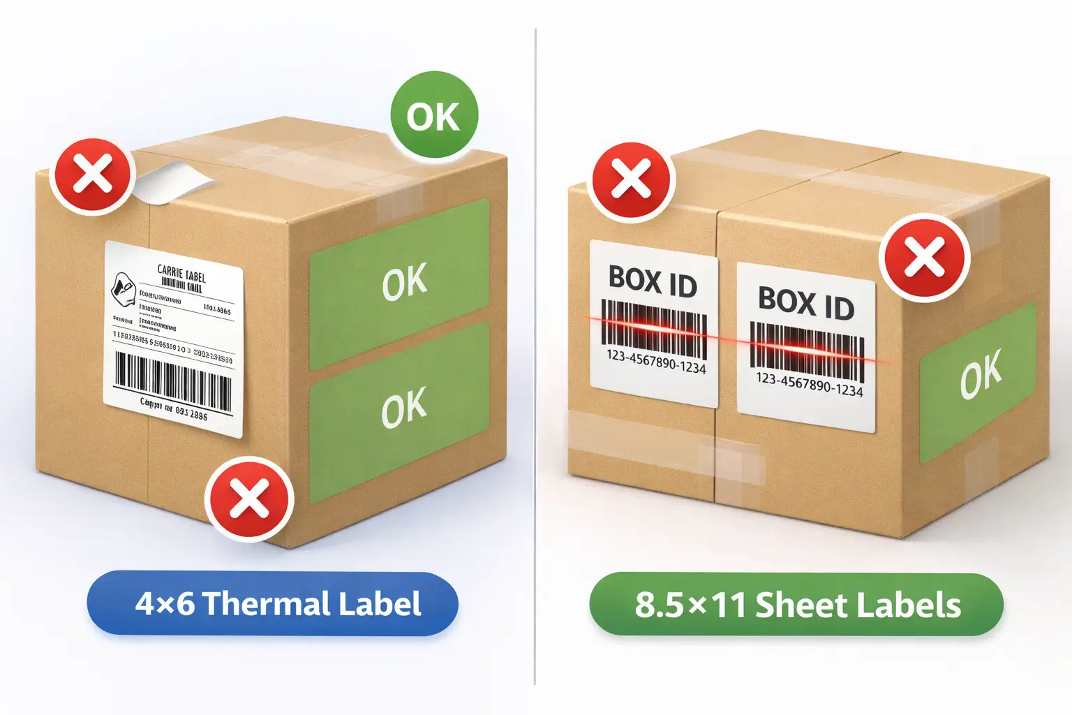 Diagram of a carton showing good label placement on a flat side and bad placement over seams/edges/corners; also shows two labels placed apart so barcodes don’t overlap or fold.