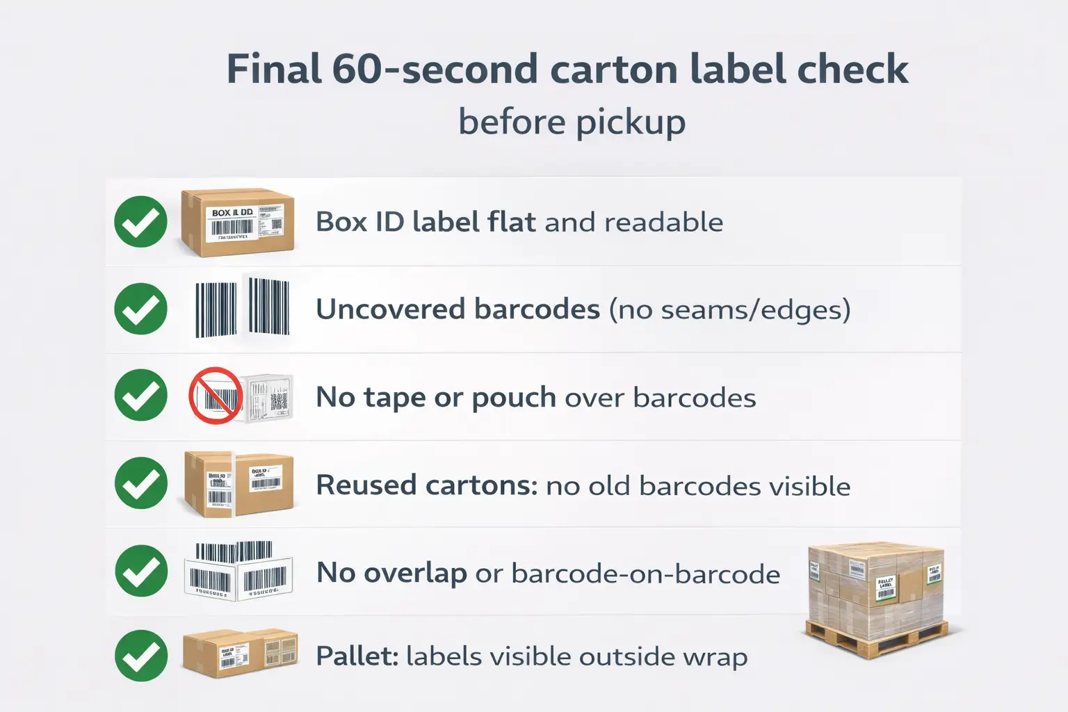 Checklist graphic: final 60-second carton label check before pickup