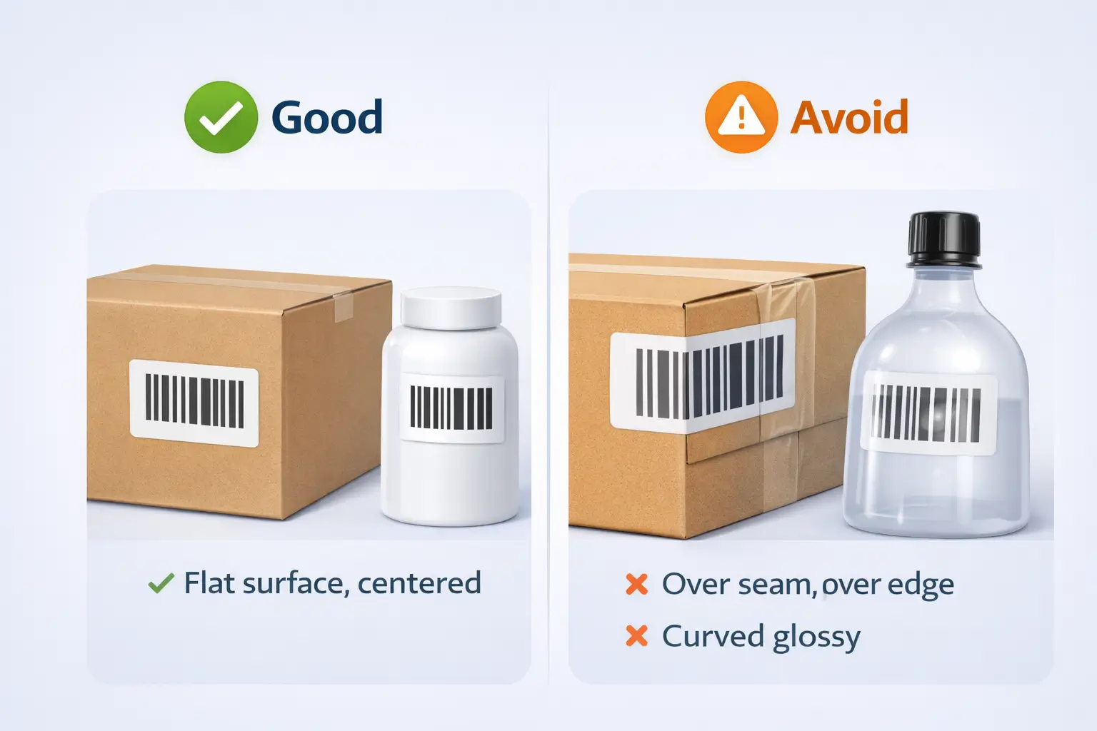 Illustration comparing good vs bad label placement: flat panel vs seam/edge vs curved glossy surface warning.