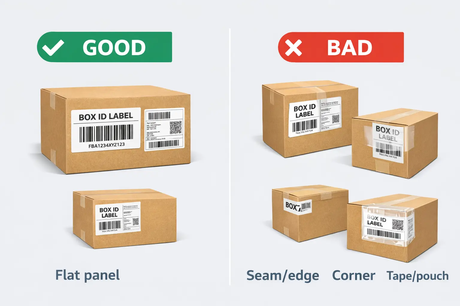 iagram: good vs bad label placement (flat panel vs seam/edge; no tape or pouch)