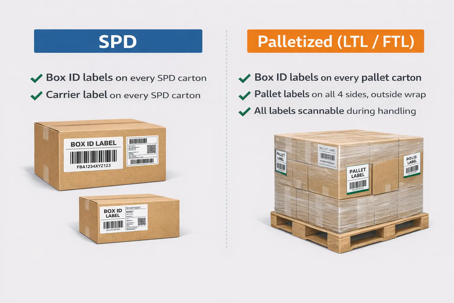 Graphic: SPD vs palletized checklist (what labels you need and where they must remain visible)