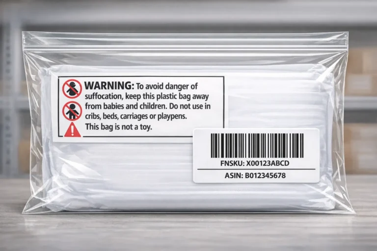A clear poly bag showing a visible suffocation warning and a scannable barcode label layout (Amazon FBA prep concept)