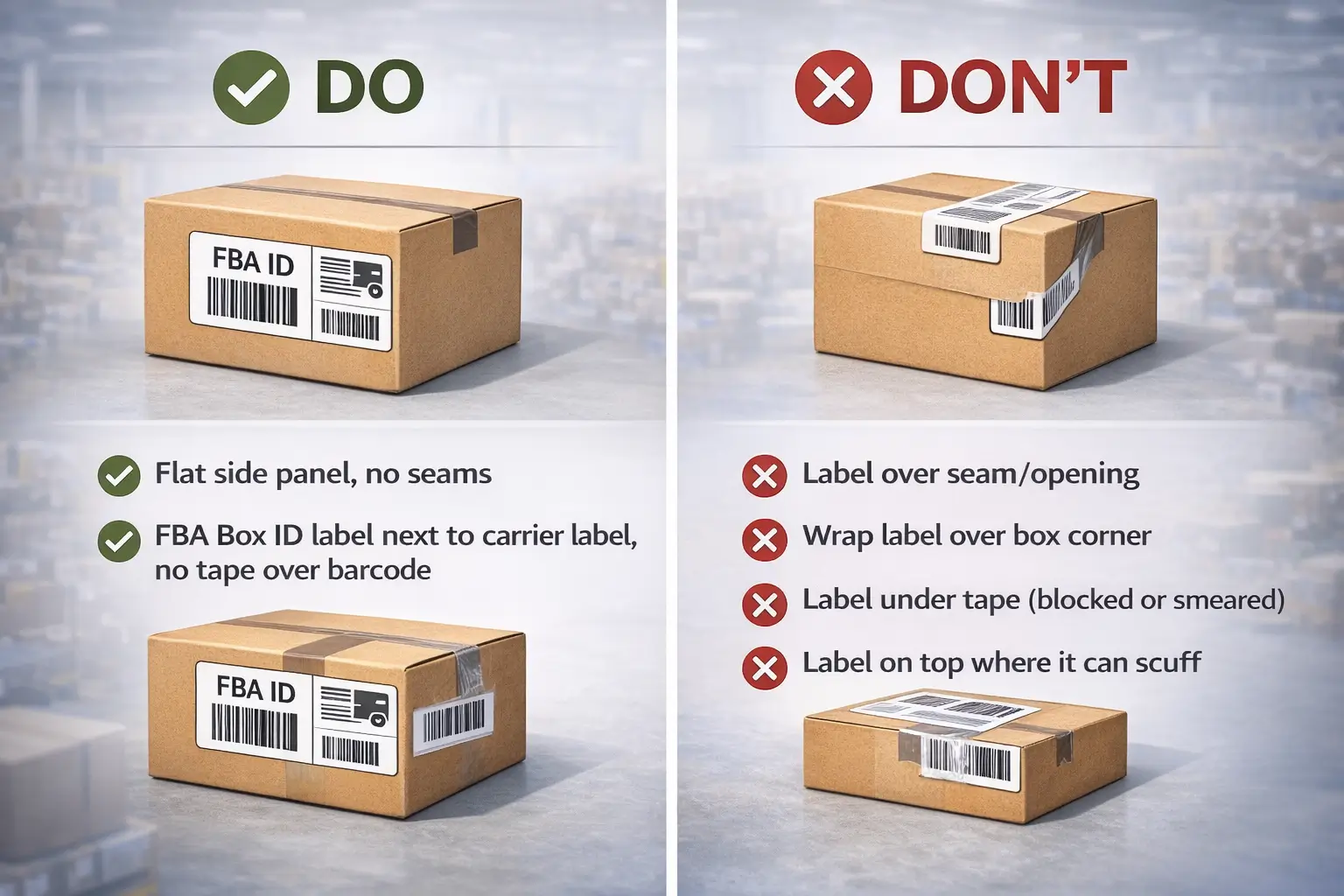Do/Don’t carton label placement for Amazon FBA box labels and carrier labels