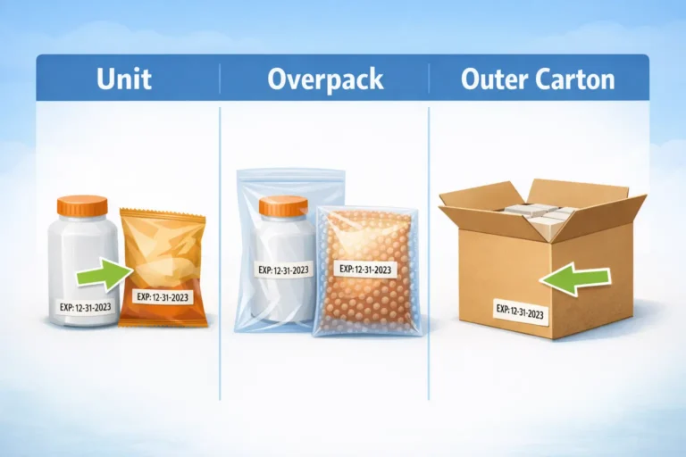 Expiration date label visibility across unit, overpack, and outer carton