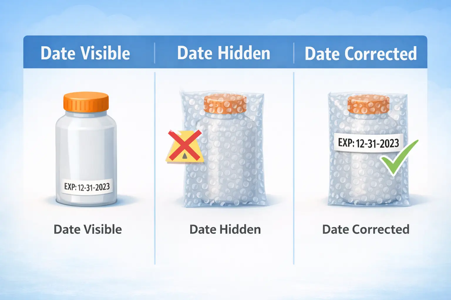 Visibility map showing how overpack can hide an expiration date and where to relabel