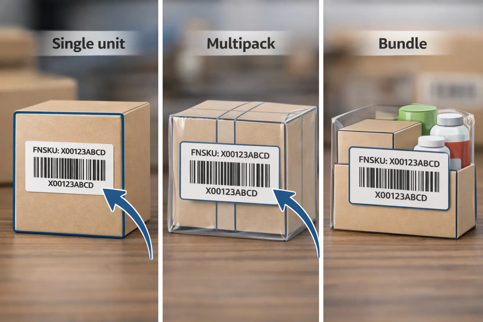 Schematic comparing a single unit, a multipack, and a bundle with the sellable unit highlighted
