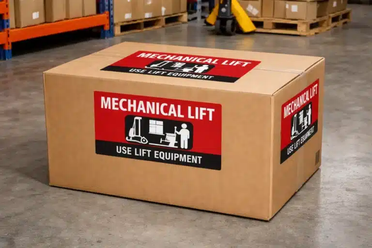 A Mechanical Lift (Mech Lift) handling label on a heavy shipping carton