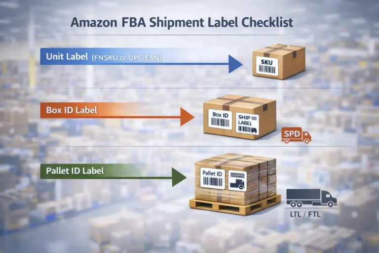 Amazon FBA shipment label checklist showing unit labels, box labels, and pallet labels