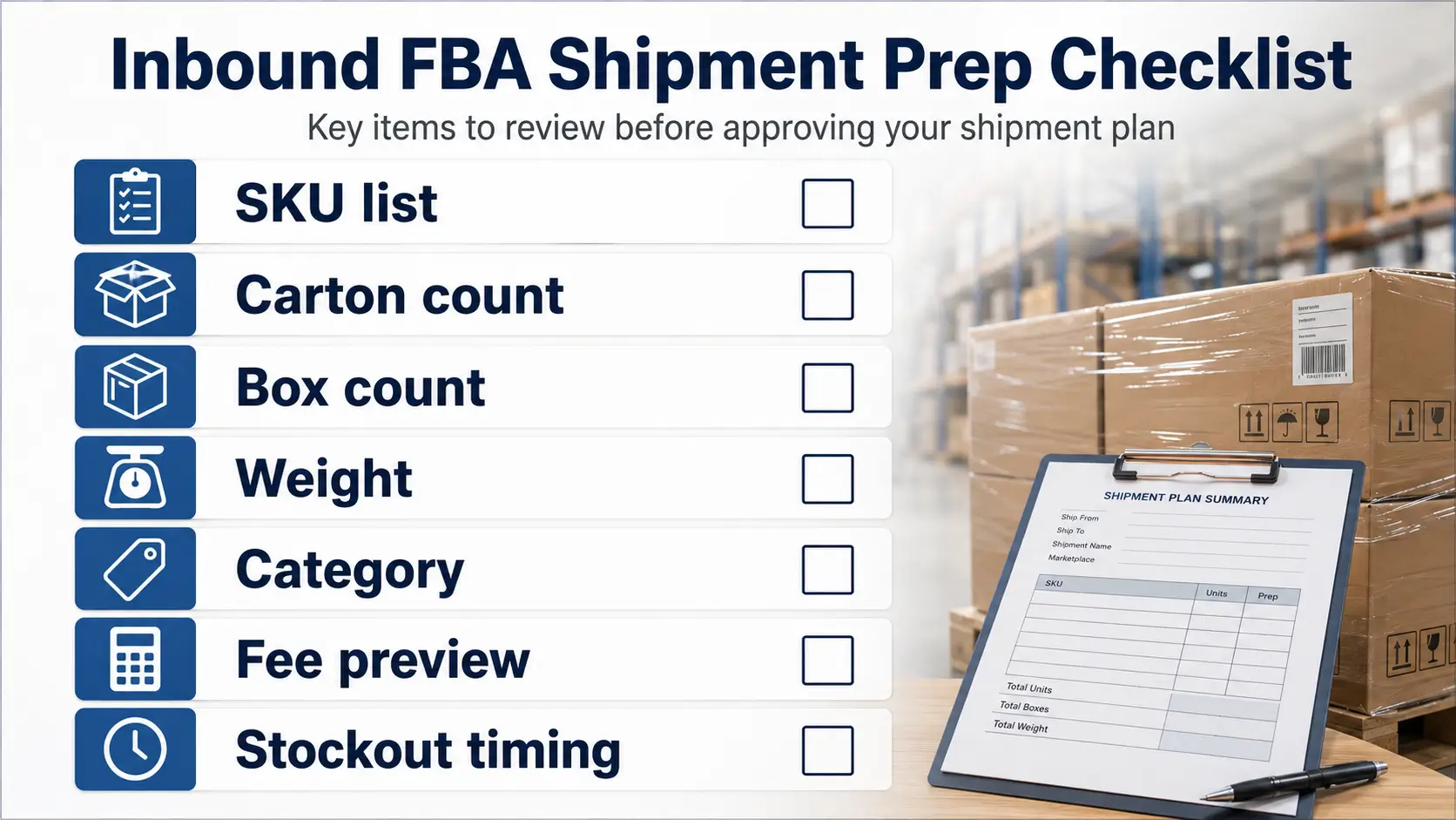 Checklist for preparing SKU, carton, size, weight, and shipment data before reviewing FBA split options.